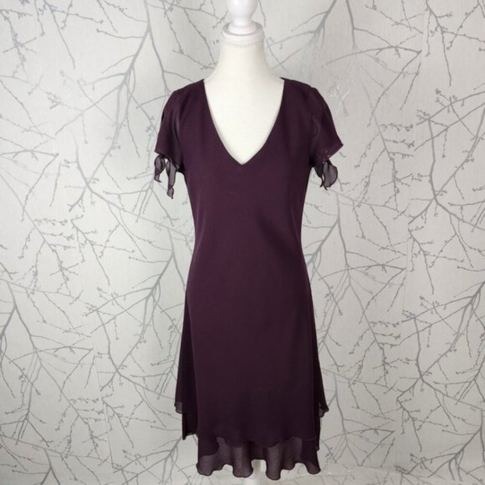 Jolibel Dark Purple Crepe Flowy Flutter Hem Streamline Y2K Midi Dress